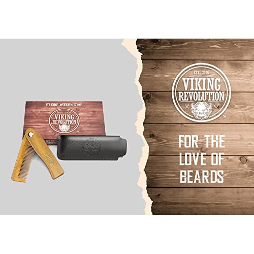 Folding Beard Comb w/Carrying Pouch for Men - All Natural Wooden Beard Comb w...