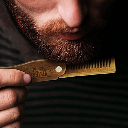 Folding Beard Comb w/Carrying Pouch for Men - All Natural Wooden Beard Comb w...