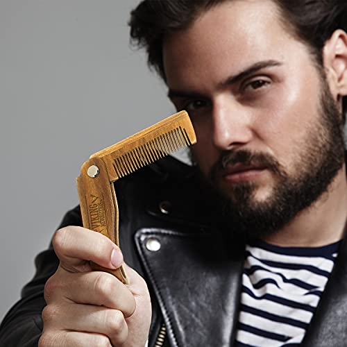 Folding Beard Comb w/Carrying Pouch for Men - All Natural Wooden Beard Comb w...