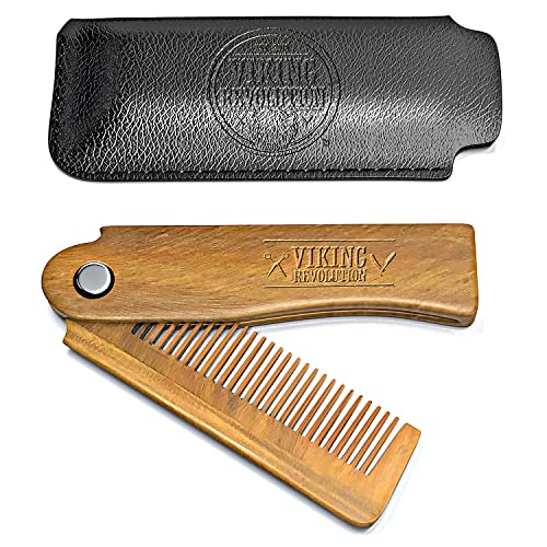 Folding Beard Comb w/Carrying Pouch for Men - All Natural Wooden Beard Comb w...