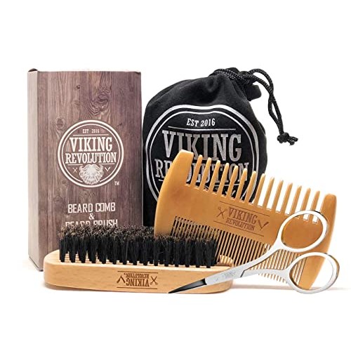 Viking Revolution Beard Comb & Beard Brush Set for Men - Natural Boar Bristle...