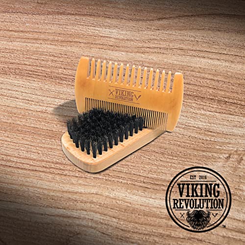 Viking Revolution Beard Comb & Beard Brush Set for Men - Natural Boar Bristle...