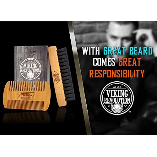 Viking Revolution Beard Comb & Beard Brush Set for Men - Natural Boar Bristle...