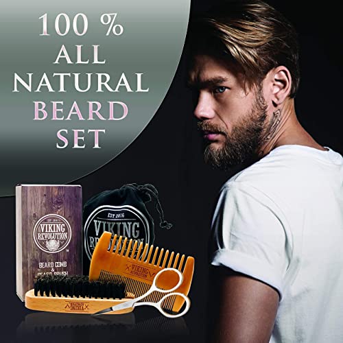 Viking Revolution Beard Comb & Beard Brush Set for Men - Natural Boar Bristle...