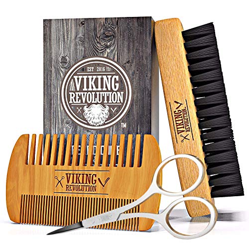 Viking Revolution Beard Comb & Beard Brush Set for Men - Natural Boar Bristle...