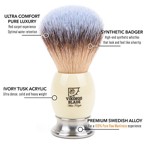 VIKINGS BLADE 'White Knight' Luxury Shaving Brush, Heavy Steel Base + Faux Iv...