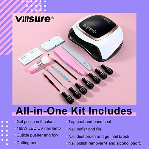 Gel Nail Polish Kit Villsure All-in-One 5 Colors Gel Nail Kit with 168W UV LE...