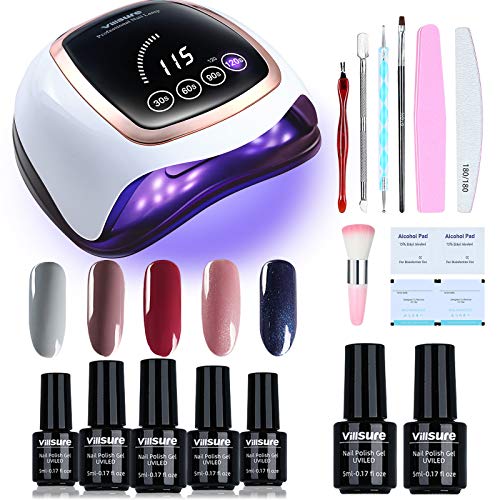 Gel Nail Polish Kit Villsure All-in-One 5 Colors Gel Nail Kit with 168W UV LE...