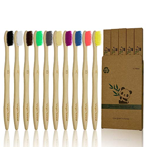 10 Pcs Soft Bristles Bamboo Toothbrush, Biodegradable Natural Bamboo Charcoal...