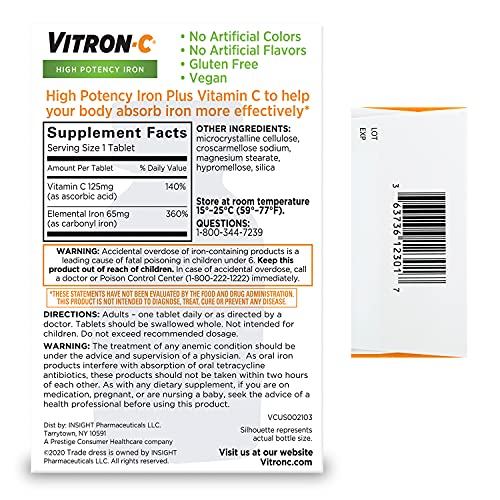 Vitron-C High Potency Iron Supplement with 125 mg Vitamin C, Dye Free, Vegan,...