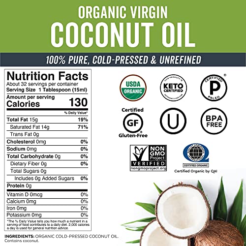 Organic Coconut Oil, Cold-Pressed - Natural Hair Oil, Skin Oil and Cooking Oi...