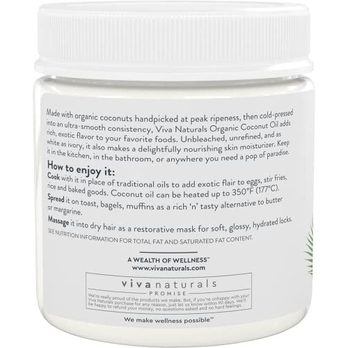 Organic Coconut Oil, Cold-Pressed - Natural Hair Oil, Skin Oil and Cooking Oi...