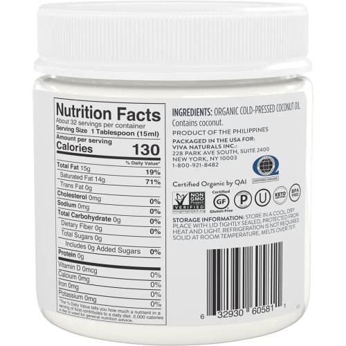 Organic Coconut Oil, Cold-Pressed - Natural Hair Oil, Skin Oil and Cooking Oi...