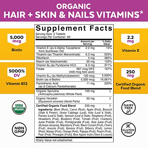 Organic Hair Skin and Nails Vitamins – Womens Vitamins with Biotin 5000 mcg, ...