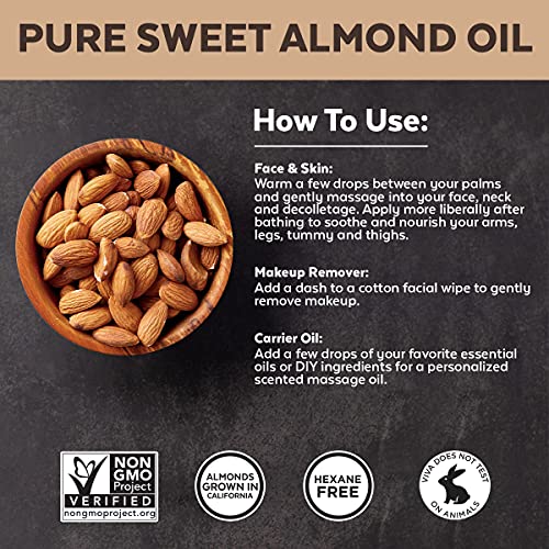Sweet Almond Oil - Unrefined Sweet Almond Oil for Skin, Face and Body, Perfec...