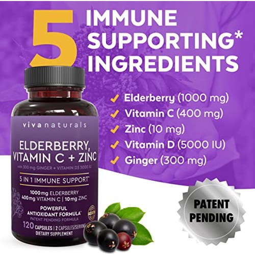Viva Naturals Elderberry, Vitamin C, Zinc, Vitamin D 5000 IU & Ginger - Antio...