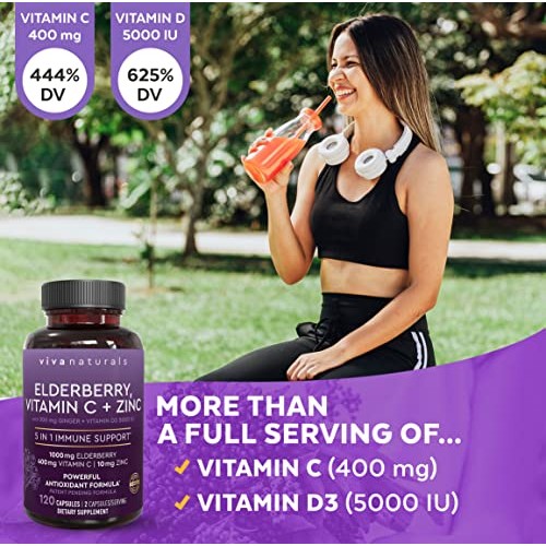 Viva Naturals Elderberry, Vitamin C, Zinc, Vitamin D 5000 IU & Ginger - Antio...