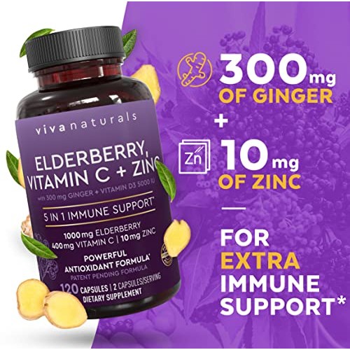 Viva Naturals Elderberry, Vitamin C, Zinc, Vitamin D 5000 IU & Ginger - Antio...