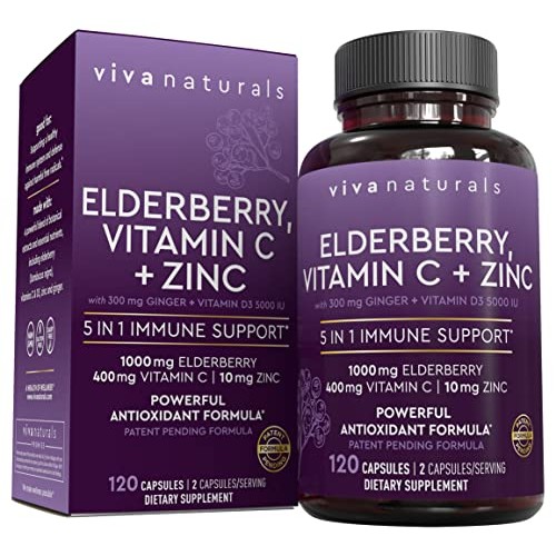 Viva Naturals Elderberry, Vitamin C, Zinc, Vitamin D 5000 IU & Ginger - Antio...
