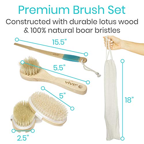 Vive Body Brush Set (3 Piece) - Wash Scrub Exfoliator - Dry Brushing with Nat...