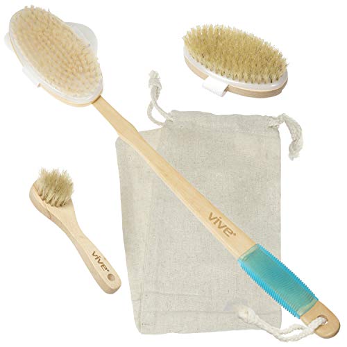 Vive Body Brush Set (3 Piece) - Wash Scrub Exfoliator - Dry Brushing with Nat...