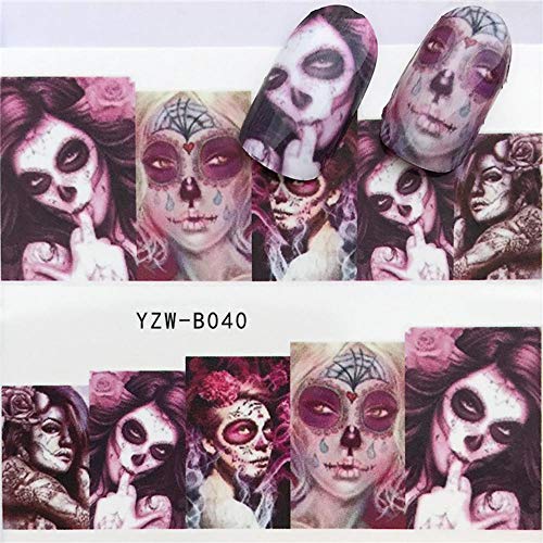 10pcs Mix Skull Nail Water Transfer Decals Nail Art Sticker Black Flowers Wat...