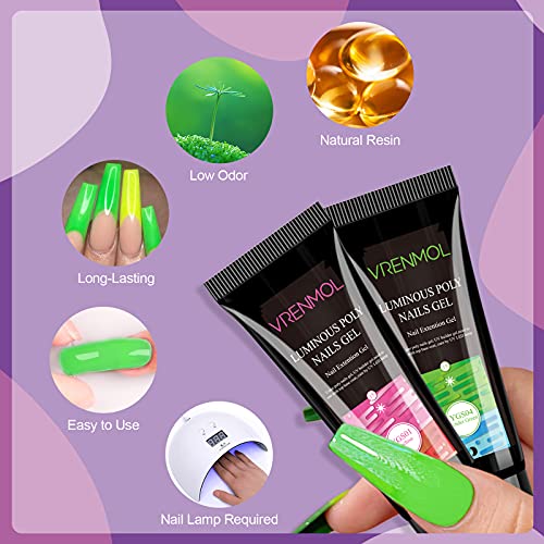 Vrenmol Glow in the Dark Poly Nails Gel Set, 6 Colors Neon Nail Extensions Ge...