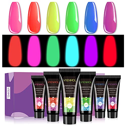 Vrenmol Glow in the Dark Poly Nails Gel Set, 6 Colors Neon Nail Extensions Ge...