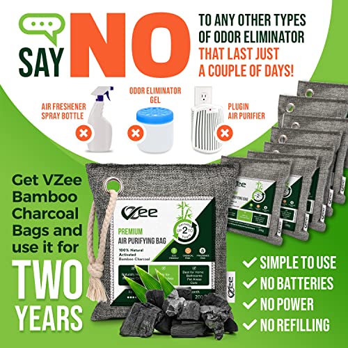 VZee Charcoal Bags Odor Absorber, 8 Pack x 200g, 8 Ropes. Activated Bamboo Ch...