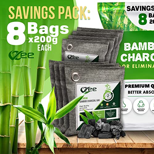 VZee Charcoal Bags Odor Absorber, 8 Pack x 200g, 8 Ropes. Activated Bamboo Ch...