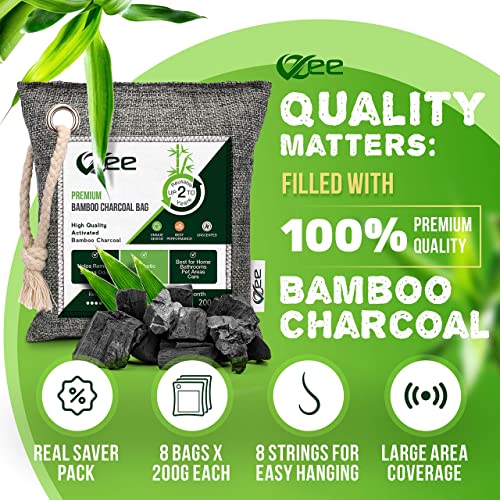 VZee Charcoal Bags Odor Absorber, 8 Pack x 200g, 8 Ropes. Activated Bamboo Ch...