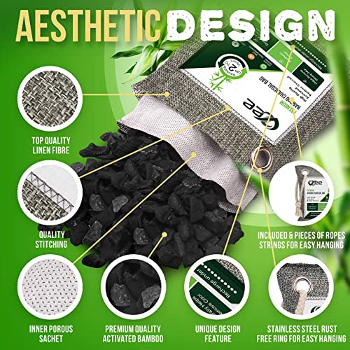 VZee Charcoal Bags Odor Absorber, 8 Pack x 200g, 8 Ropes. Activated Bamboo Ch...