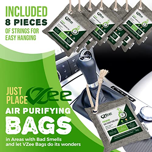 VZee Charcoal Bags Odor Absorber, 8 Pack x 200g, 8 Ropes. Activated Bamboo Ch...