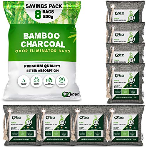 VZee Charcoal Bags Odor Absorber, 8 Pack x 200g, 8 Ropes. Activated Bamboo Ch...