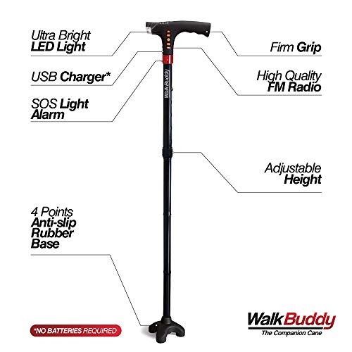 Walk Buddy Adjustable Walking Stick 4 Prong Anti-Slip Quad Cane for Seniors w...
