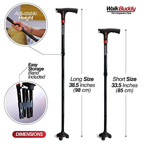Walk Buddy Adjustable Walking Stick 4 Prong Anti-Slip Quad Cane for Seniors w...