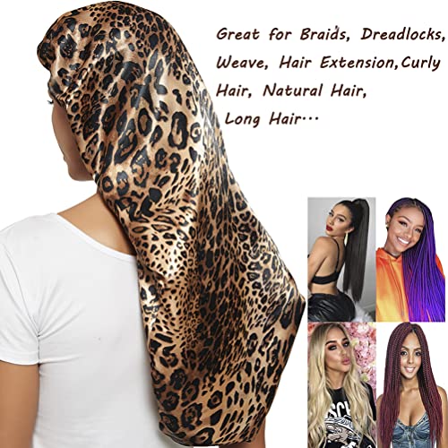 2 Pcs Hair Bonnets for Women Satin, Black Leopard Soft Elastic Band Silky Sle...