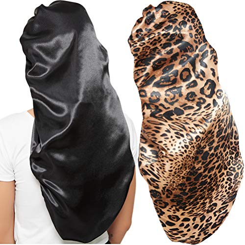 2 Pcs Hair Bonnets for Women Satin, Black Leopard Soft Elastic Band Silky Sle...