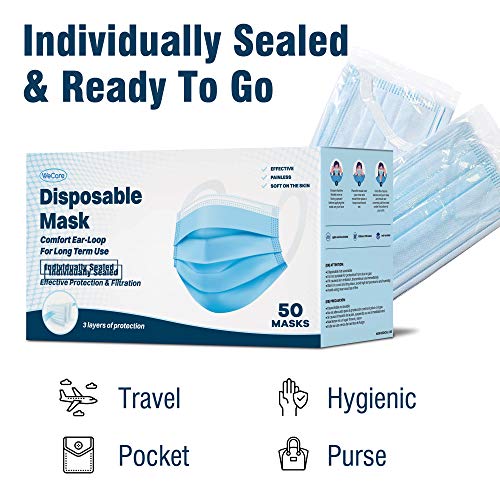 WeCare Disposable Face Masks With Ultra Comfort Ear Loops - 50 Pack, Blue - 3...