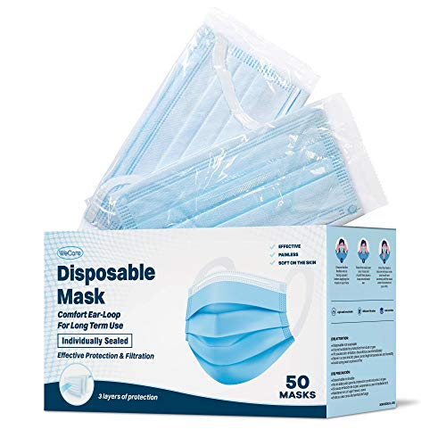 WeCare Disposable Face Masks With Ultra Comfort Ear Loops - 50 Pack, Blue - 3...