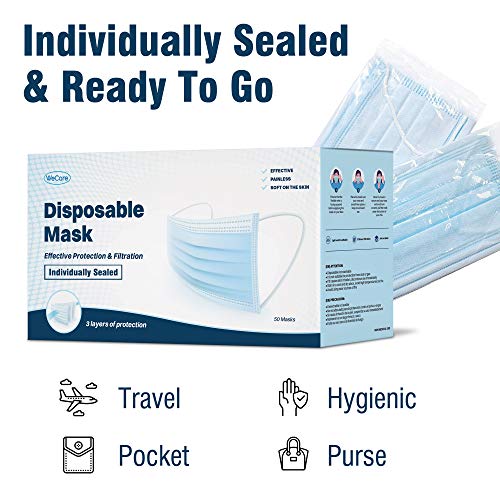 WeCare Individually Wrapped Disposable Face Masks - 50 Pack, Blue - Soft on S...