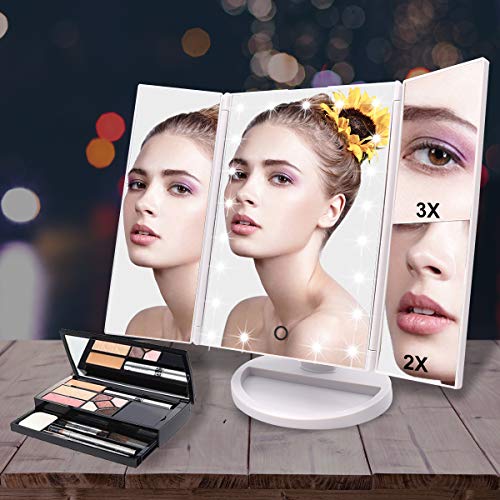 WEILY Lighted Makeup Mirror with 21 LED Lights, Trifold Vanity Mirror with 3X...