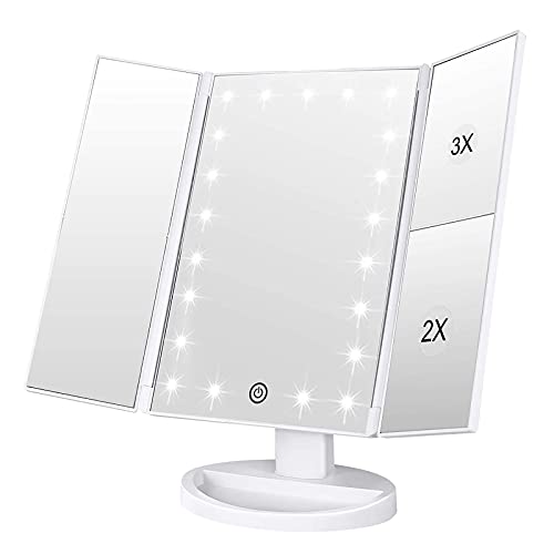 WEILY Lighted Makeup Mirror with 21 LED Lights, Trifold Vanity Mirror with 3X...