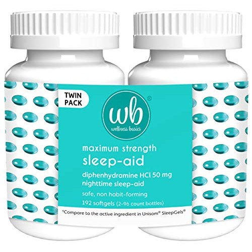 Wellness Basics Maximum Strength Sleep-Aid Diphenhydramine Softgel Twin Pack,...