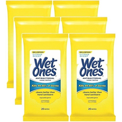 Wet Ones Antibacterial Hands & Face Wipes, Citrus Scent, 20 Count Travel Pack...