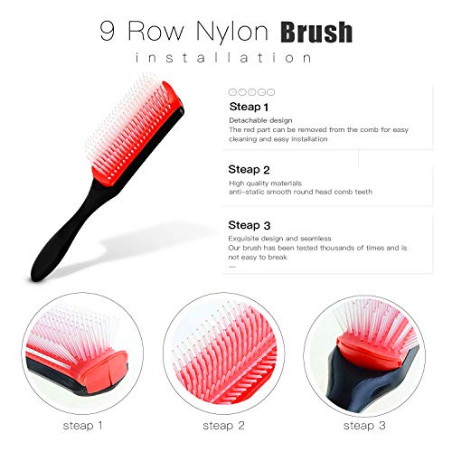 4 Pcs Detangling Brush Set, 9-Row Cushion Nylon Bristle Shampoo Brush, Rattai...