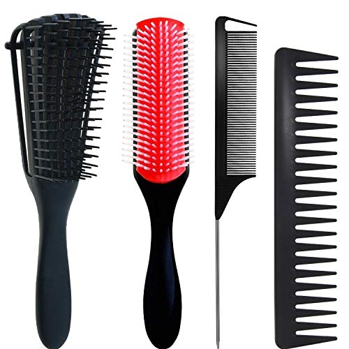 4 Pcs Detangling Brush Set, 9-Row Cushion Nylon Bristle Shampoo Brush, Rattai...