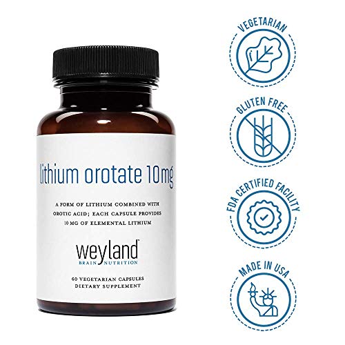 Weyland Brain Nutrition: Lithium Orotate 10mg (1 Bottle), 60 Vegetarian Capsu...