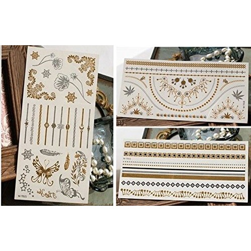 Temporary Tattoos,Metallic,5 Large Sheets Gold Silver Glitter, by WffDirect,8...
