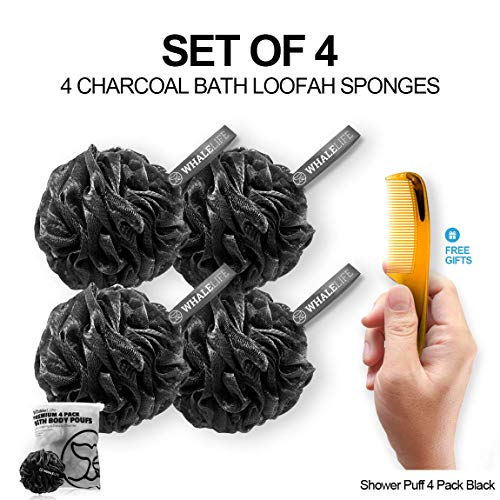 Shower Puff 4 Pack Black Bath Sponge Shower Loofahs Pouf Ball Nature Bamboo C...